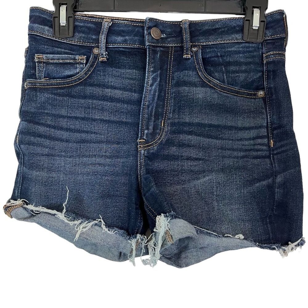AMERICAN EAGLE SUPER HI RISE SHORTIE Raw Hem Cut Offs Dark Distressed Shorts 4